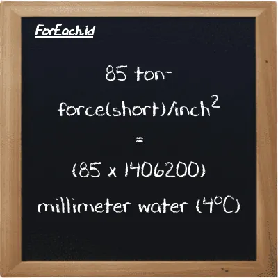 How to convert ton-force(short)/inch<sup>2</sup> to millimeter water (4<sup>o</sup>C): 85 ton-force(short)/inch<sup>2</sup> (tf/in<sup>2</sup>) is equivalent to 85 times 1406200 millimeter water (4<sup>o</sup>C) (mmH2O)